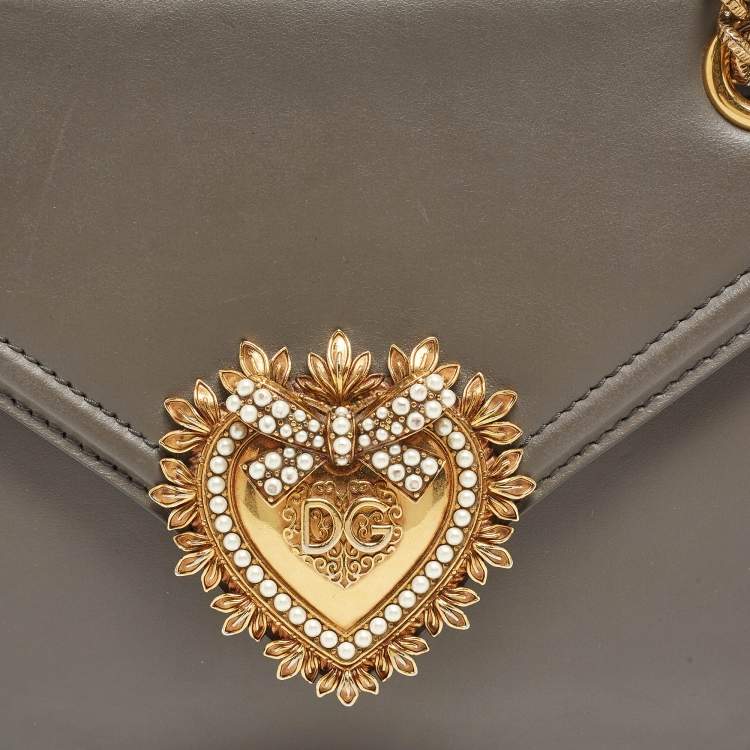 Pre Owned Dolce & Gabbana Grey Leather Devotion Chain Shoulder Bag