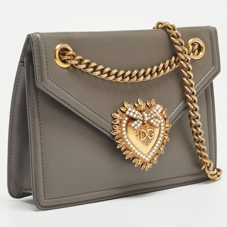 Pre Owned Dolce & Gabbana Grey Leather Devotion Chain Shoulder Bag