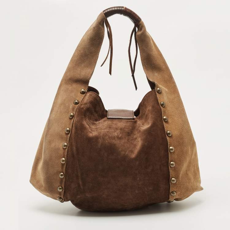 Pre Owned Dolce & Gabbana Beige/Brown Suede Studded D-Ring Flap Hobo