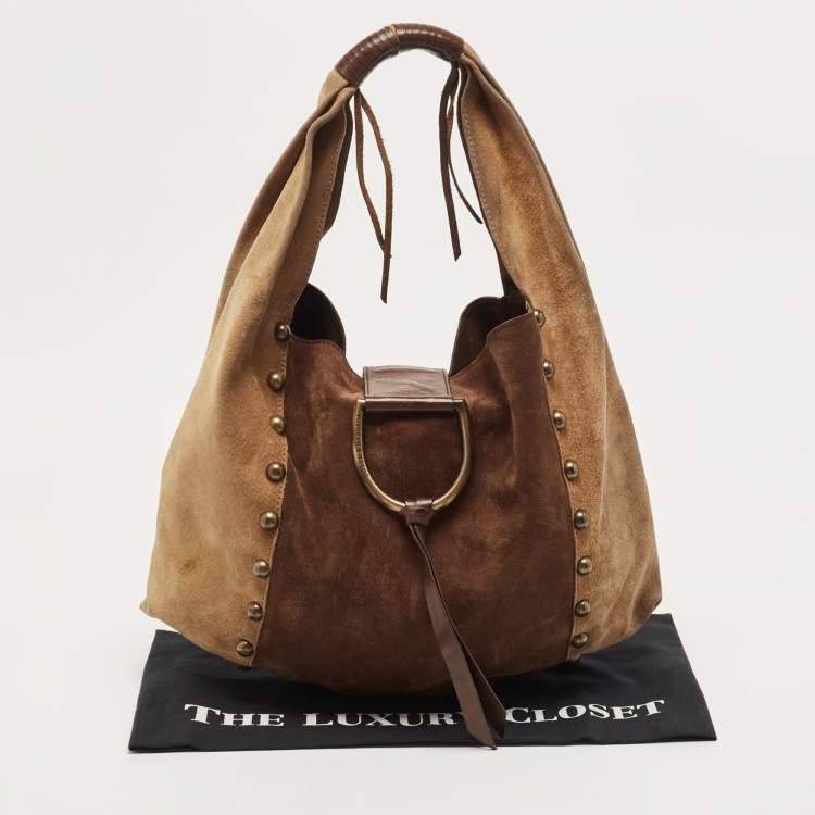 Pre Owned Dolce & Gabbana Beige/Brown Suede Studded D-Ring Flap Hobo