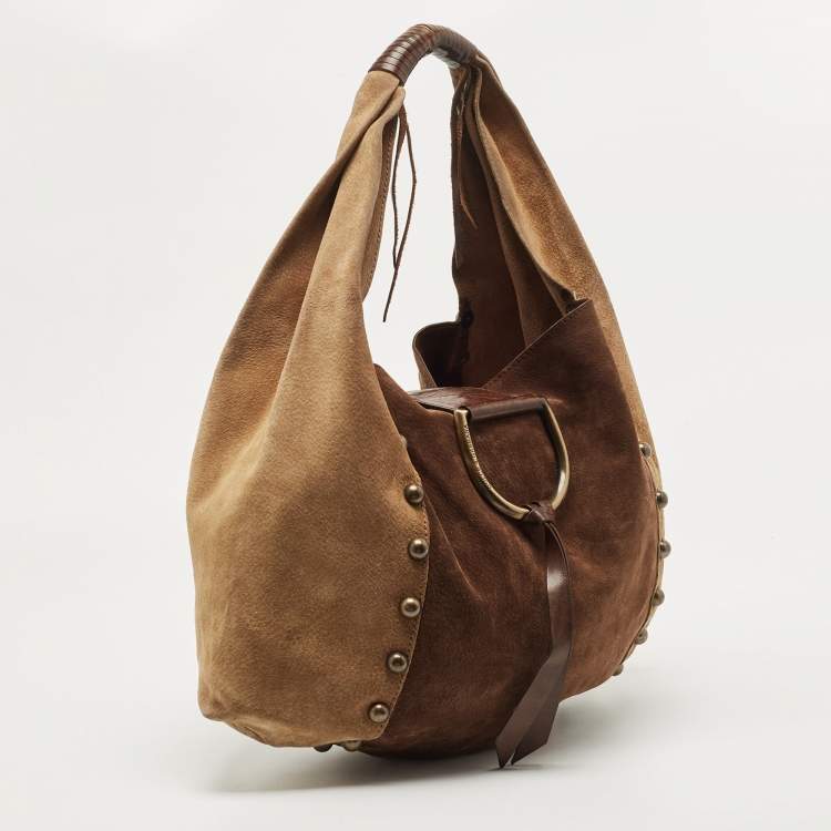 Pre Owned Dolce & Gabbana Beige/Brown Suede Studded D-Ring Flap Hobo