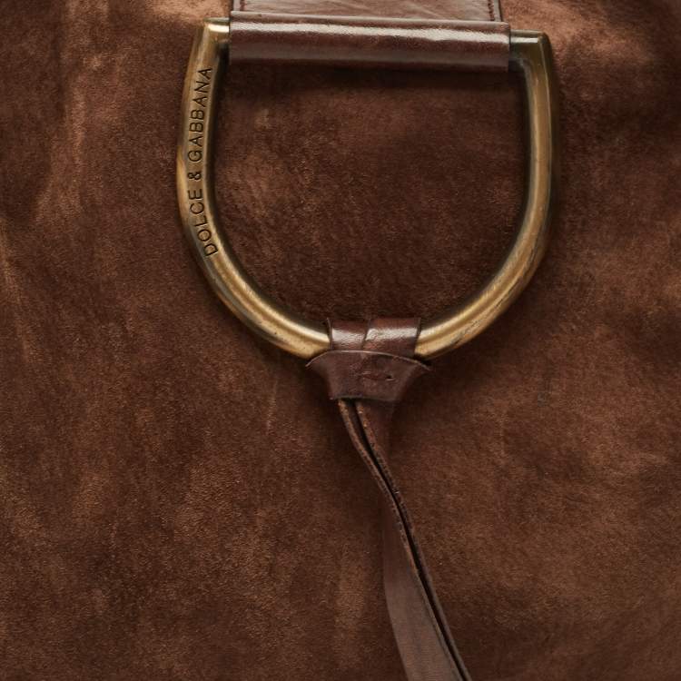 Pre Owned Dolce & Gabbana Beige/Brown Suede Studded D-Ring Flap Hobo