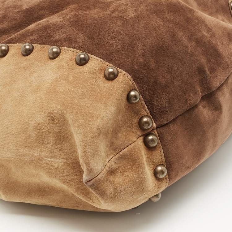 Pre Owned Dolce & Gabbana Beige/Brown Suede Studded D-Ring Flap Hobo