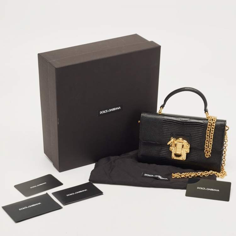 Pre Owned Dolce & Gabbana Black Lizard Embossed Leather Lucia Wallet on Chain