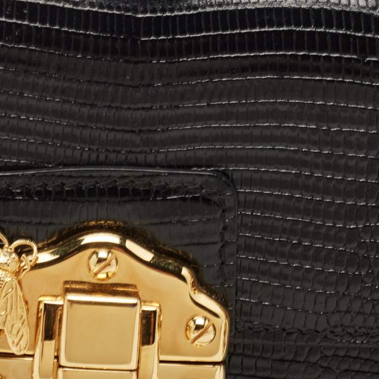 Pre Owned Dolce & Gabbana Black Lizard Embossed Leather Lucia Wallet on Chain