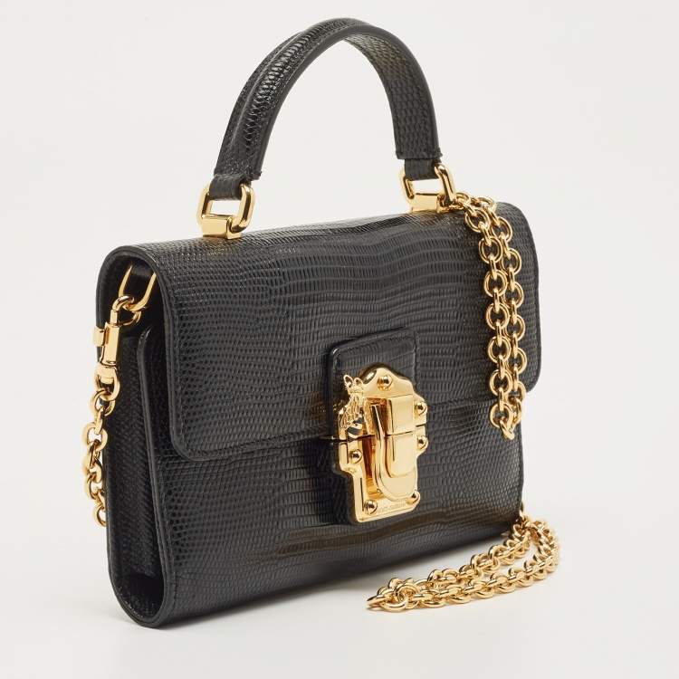 Pre Owned Dolce & Gabbana Black Lizard Embossed Leather Lucia Wallet on Chain