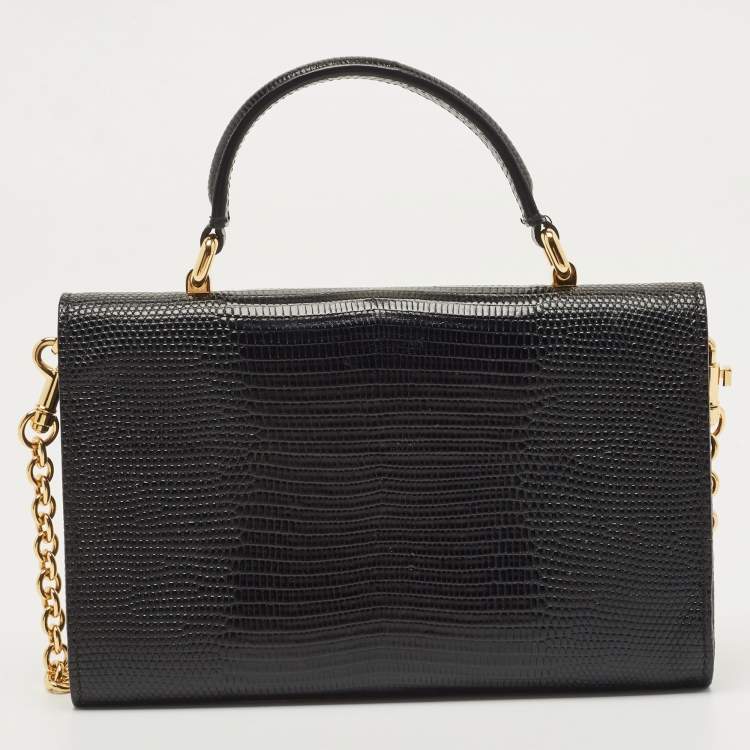 Pre Owned Dolce & Gabbana Black Lizard Embossed Leather Lucia Wallet on Chain