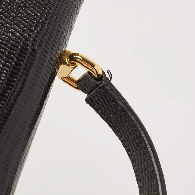 Pre Owned Dolce & Gabbana Black Lizard Embossed Leather Lucia Wallet on Chain