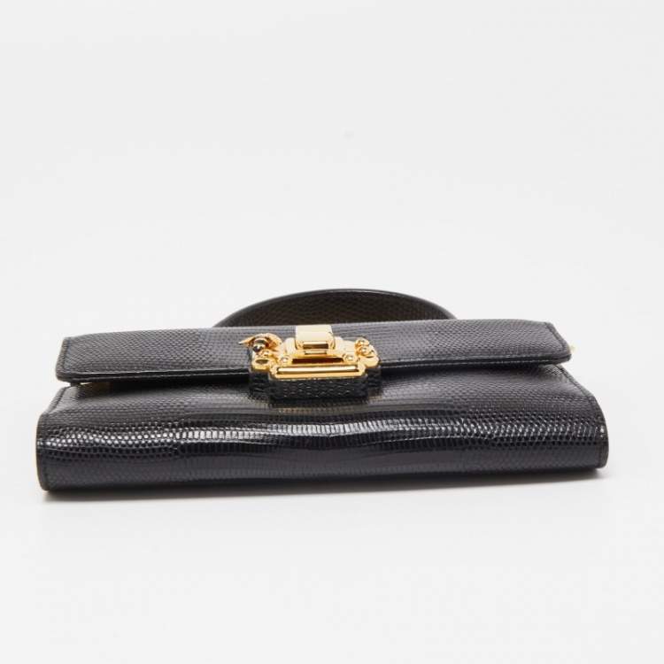Pre Owned Dolce & Gabbana Black Lizard Embossed Leather Lucia Wallet on Chain