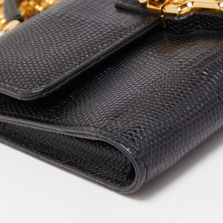Pre Owned Dolce & Gabbana Black Lizard Embossed Leather Lucia Wallet on Chain