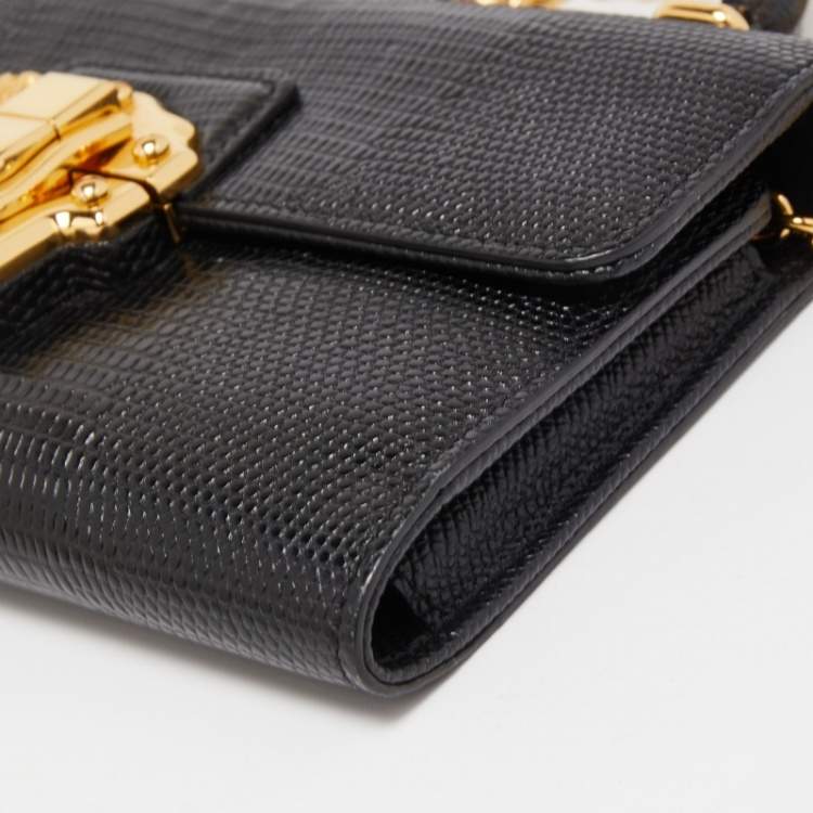 Pre Owned Dolce & Gabbana Black Lizard Embossed Leather Lucia Wallet on Chain