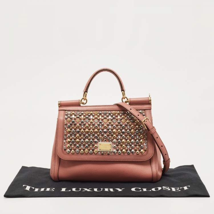 Pre Owned Dolce & Gabbana Old Rose Leather Medium Embellished Sicily Top Handle Bag