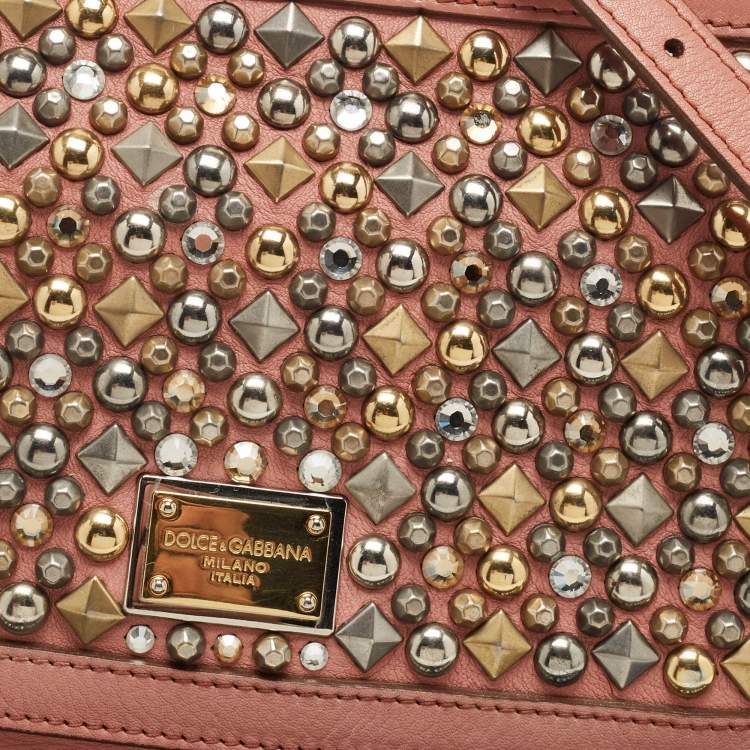 Pre Owned Dolce & Gabbana Old Rose Leather Medium Embellished Sicily Top Handle Bag