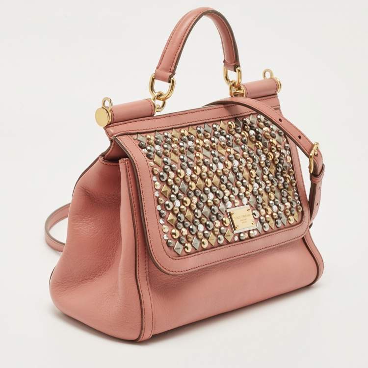 Pre Owned Dolce & Gabbana Old Rose Leather Medium Embellished Sicily Top Handle Bag