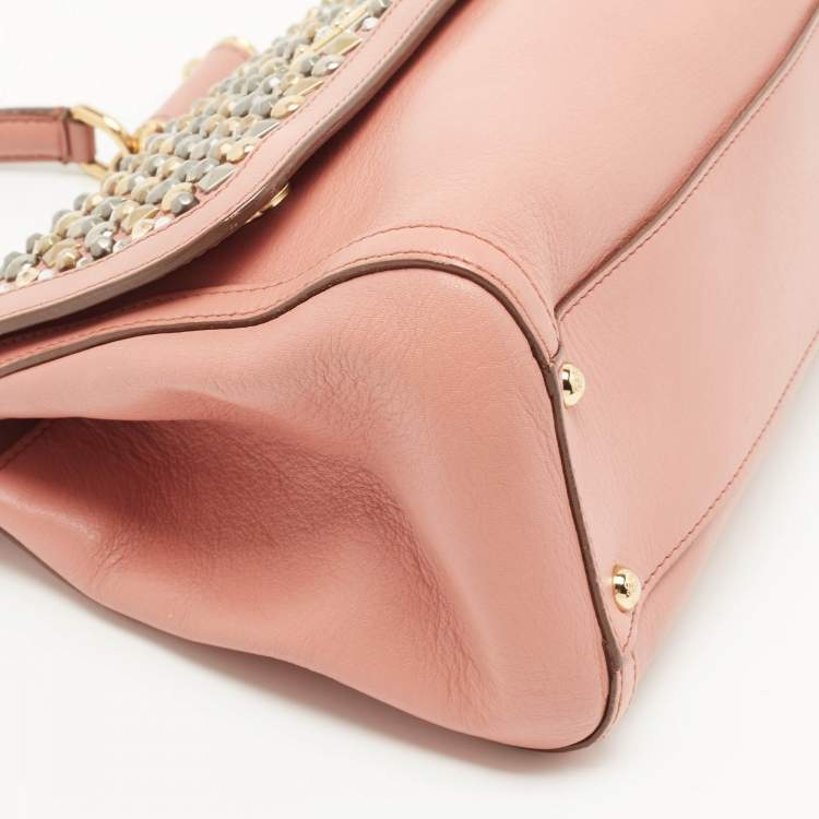 Pre Owned Dolce & Gabbana Old Rose Leather Medium Embellished Sicily Top Handle Bag