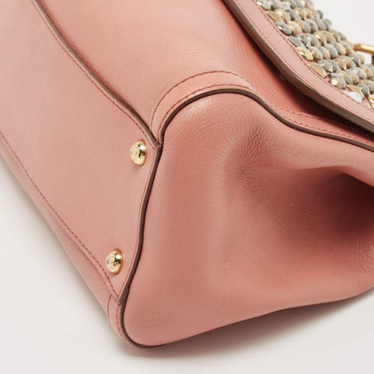 Pre Owned Dolce & Gabbana Old Rose Leather Medium Embellished Sicily Top Handle Bag