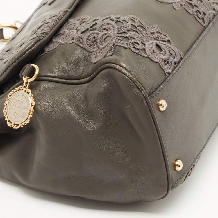 Pre Owned Dolce & Gabbana Grey Lace and Leather Large Miss Sicily Top Handle Bag