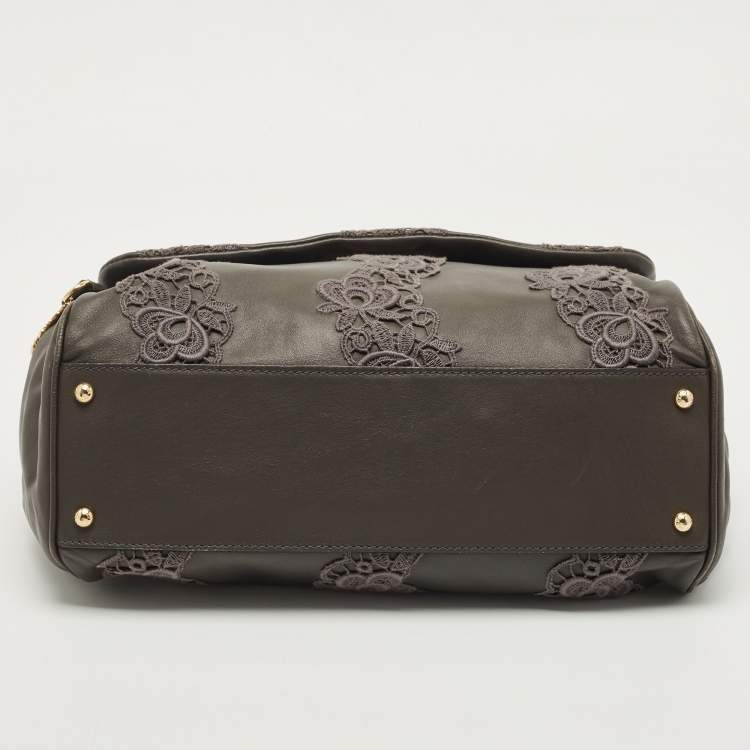 Pre Owned Dolce & Gabbana Grey Lace and Leather Large Miss Sicily Top Handle Bag