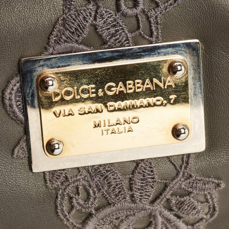 Pre Owned Dolce & Gabbana Grey Lace and Leather Large Miss Sicily Top Handle Bag