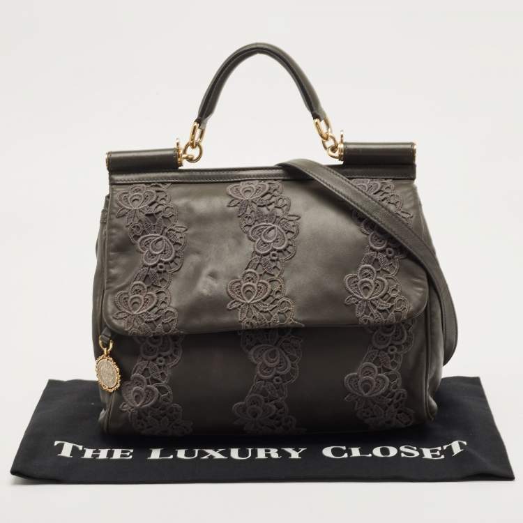 Pre Owned Dolce & Gabbana Grey Lace and Leather Large Miss Sicily Top Handle Bag
