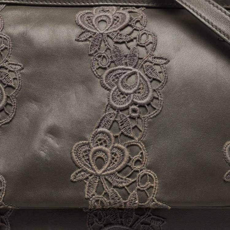 Pre Owned Dolce & Gabbana Grey Lace and Leather Large Miss Sicily Top Handle Bag