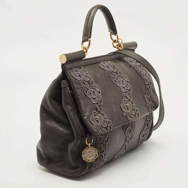 Pre Owned Dolce & Gabbana Grey Lace and Leather Large Miss Sicily Top Handle Bag