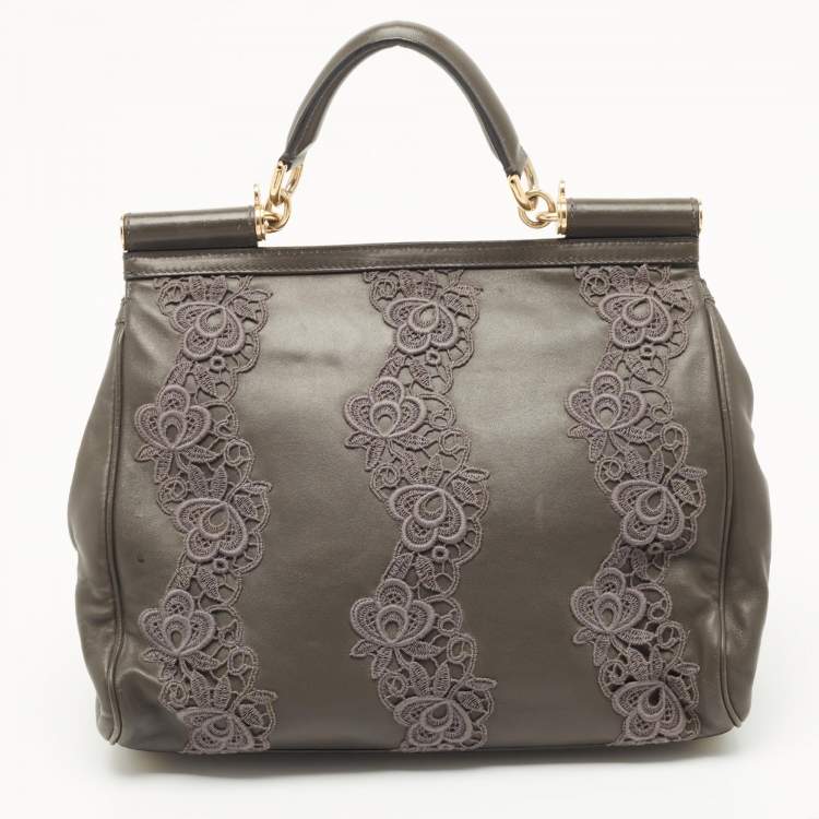 Pre Owned Dolce & Gabbana Grey Lace and Leather Large Miss Sicily Top Handle Bag