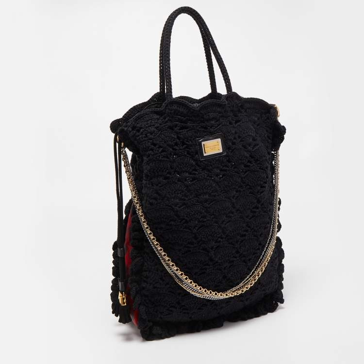 Pre Owned Dolce & Gabbana Black/Red Crochet and Leopard Print Calf Hair Tote