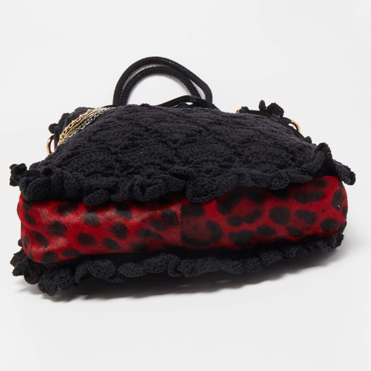 Pre Owned Dolce & Gabbana Black/Red Crochet and Leopard Print Calf Hair Tote