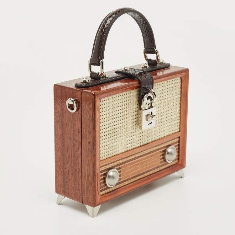 Pre Owned Dolce & Gabbana Black/Brown Wood and Snakeskin Radio Box Top Handle Bag