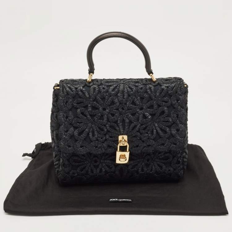 Pre Owned Dolce & Gabbana Black Straw and Leather Miss Dolce Top Handle Bag