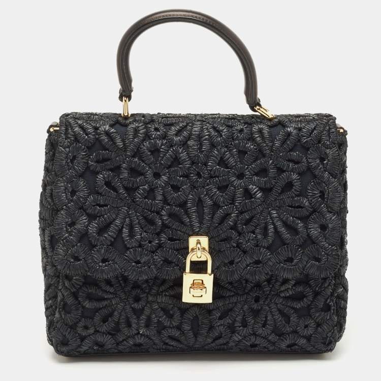 Pre Owned Dolce & Gabbana Black Straw and Leather Miss Dolce Top Handle Bag