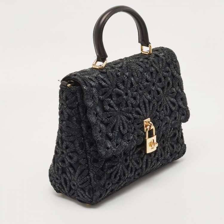 Pre Owned Dolce & Gabbana Black Straw and Leather Miss Dolce Top Handle Bag