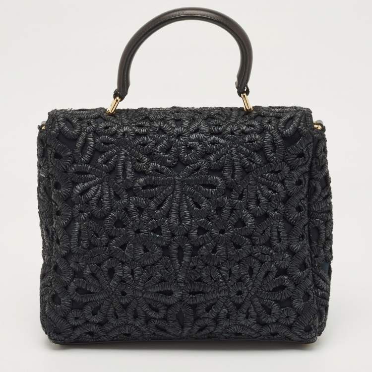Pre Owned Dolce & Gabbana Black Straw and Leather Miss Dolce Top Handle Bag