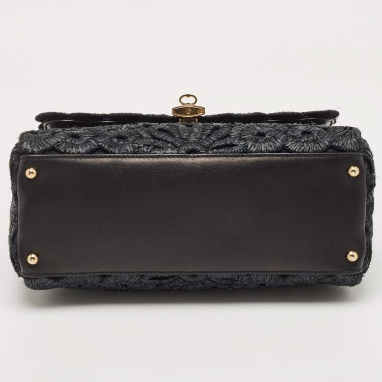 Pre Owned Dolce & Gabbana Black Straw and Leather Miss Dolce Top Handle Bag