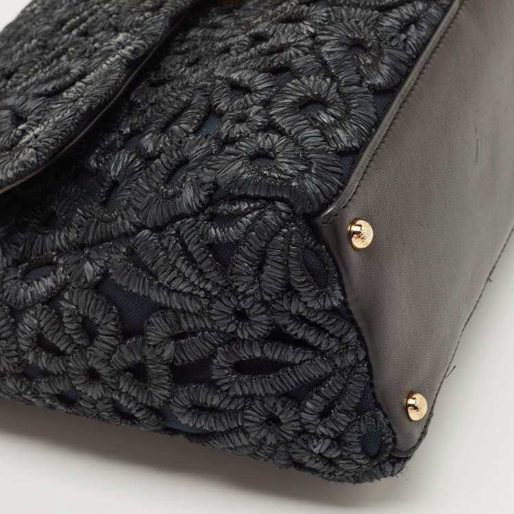 Pre Owned Dolce & Gabbana Black Straw and Leather Miss Dolce Top Handle Bag
