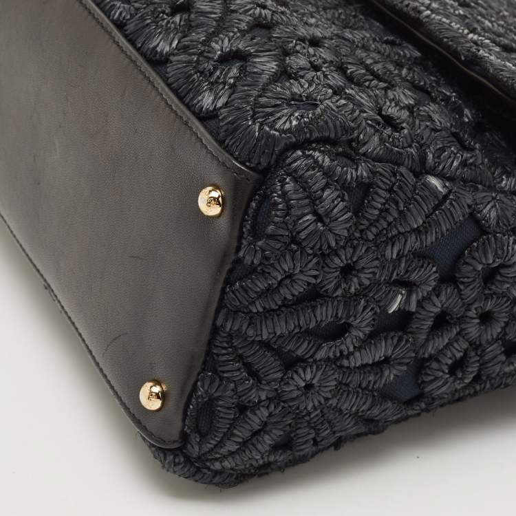 Pre Owned Dolce & Gabbana Black Straw and Leather Miss Dolce Top Handle Bag