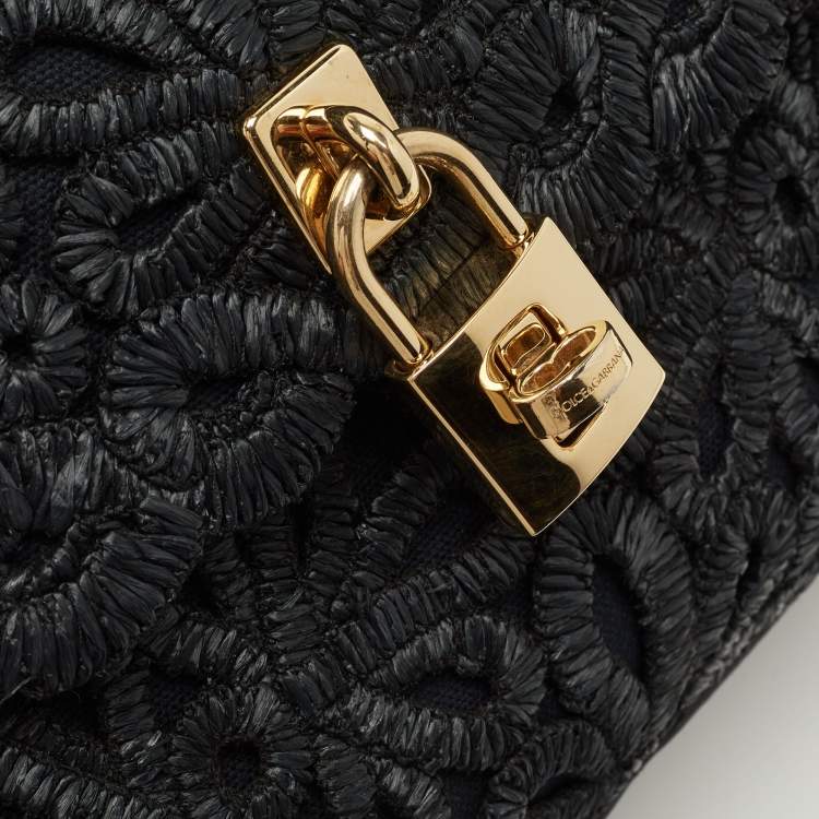 Pre Owned Dolce & Gabbana Black Straw and Leather Miss Dolce Top Handle Bag