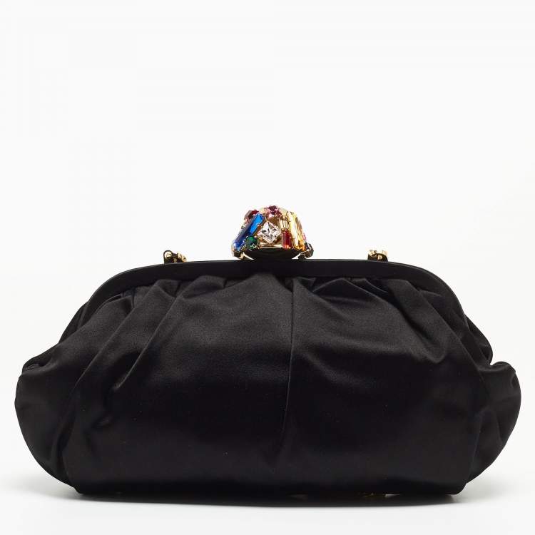 Pre Owned Dolce & Gabbana Black Nylon Crystals Embellished Kisslock Chain Clutch