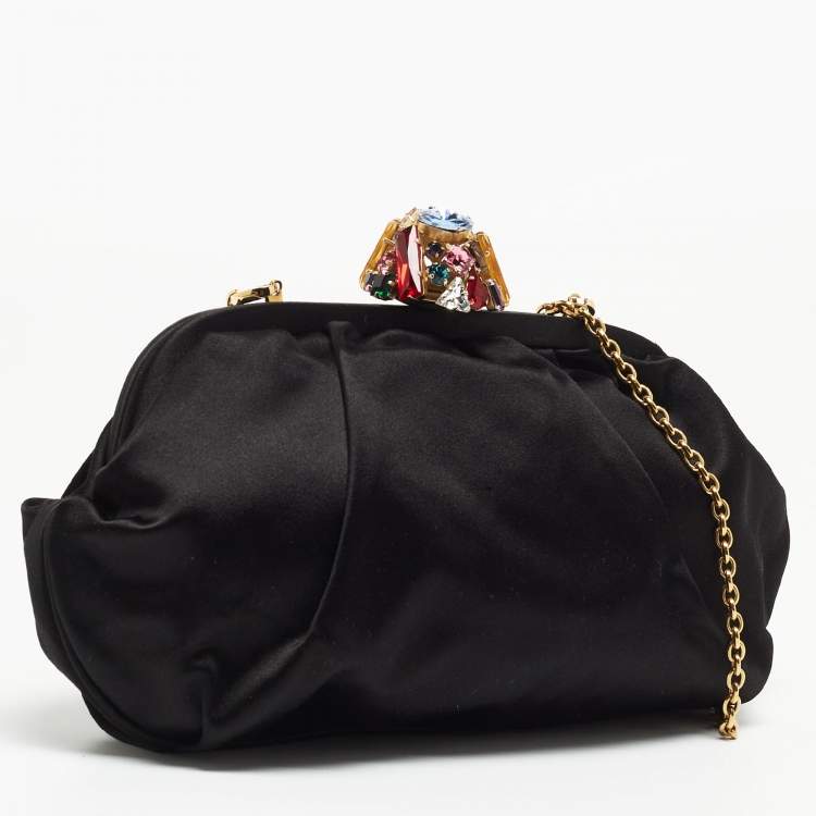 Pre Owned Dolce & Gabbana Black Nylon Crystals Embellished Kisslock Chain Clutch