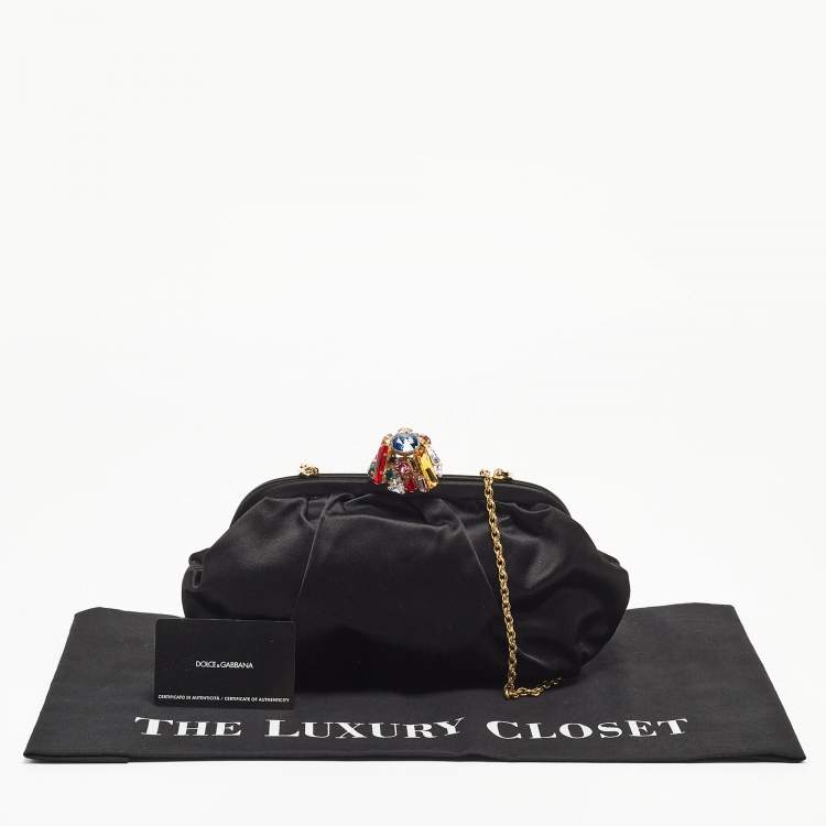 Pre Owned Dolce & Gabbana Black Nylon Crystals Embellished Kisslock Chain Clutch