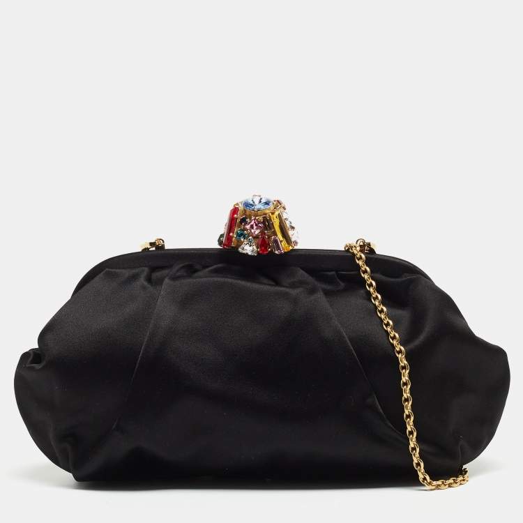 Pre Owned Dolce & Gabbana Black Nylon Crystals Embellished Kisslock Chain Clutch