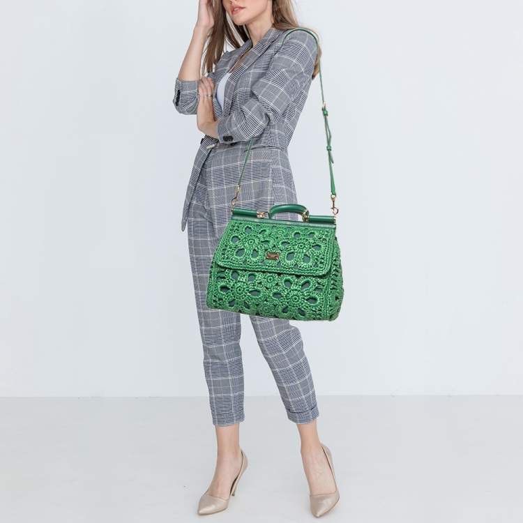 Pre Owned Dolce & Gabbana Green Straw Crochet Large Miss Sicily Top Handle Bag