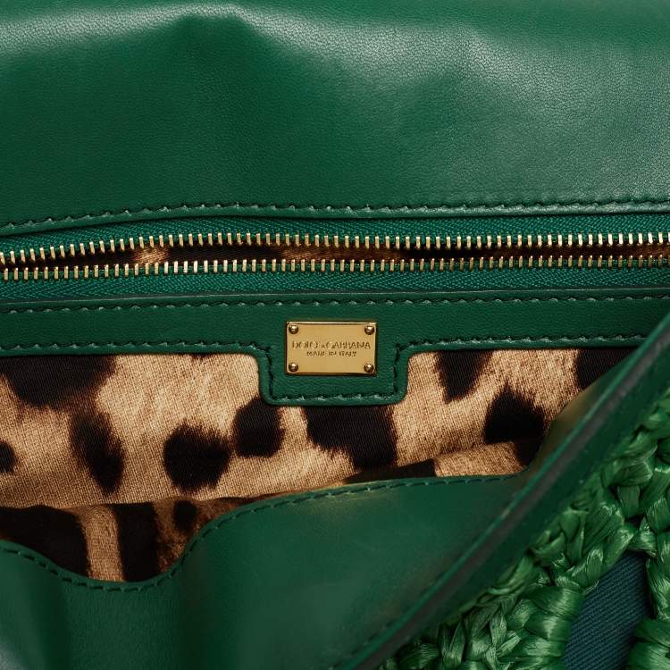 Pre Owned Dolce & Gabbana Green Straw Crochet Large Miss Sicily Top Handle Bag