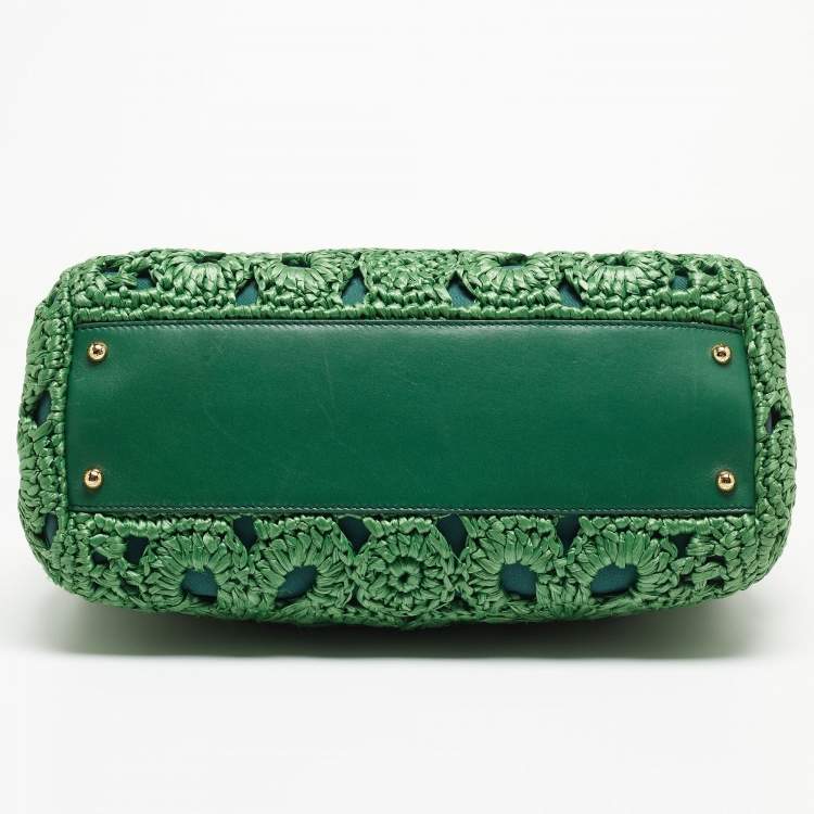 Pre Owned Dolce & Gabbana Green Straw Crochet Large Miss Sicily Top Handle Bag