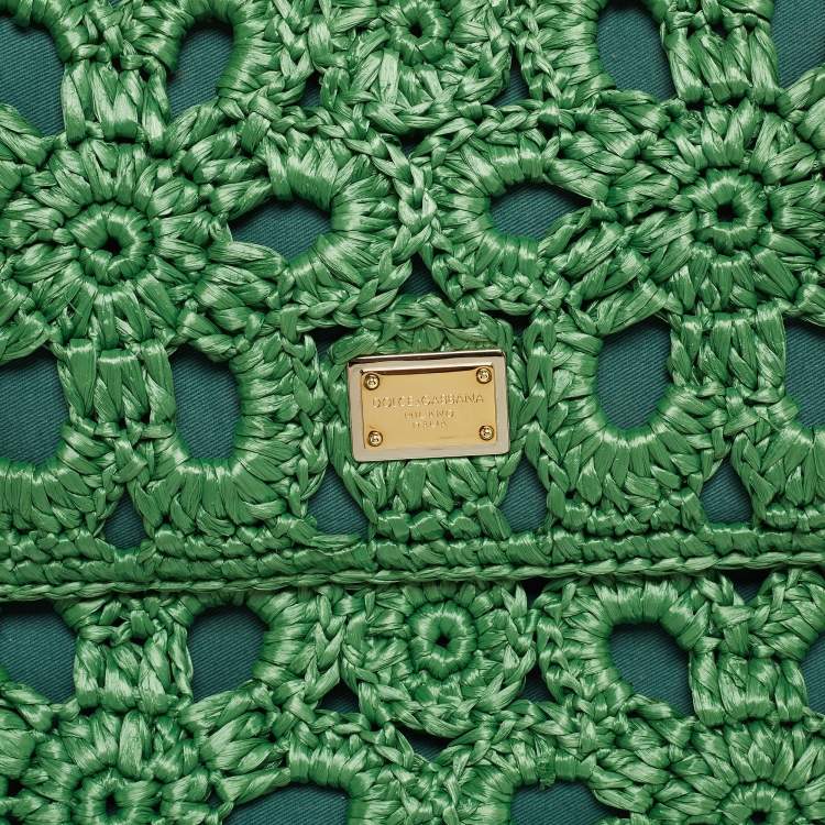 Pre Owned Dolce & Gabbana Green Straw Crochet Large Miss Sicily Top Handle Bag
