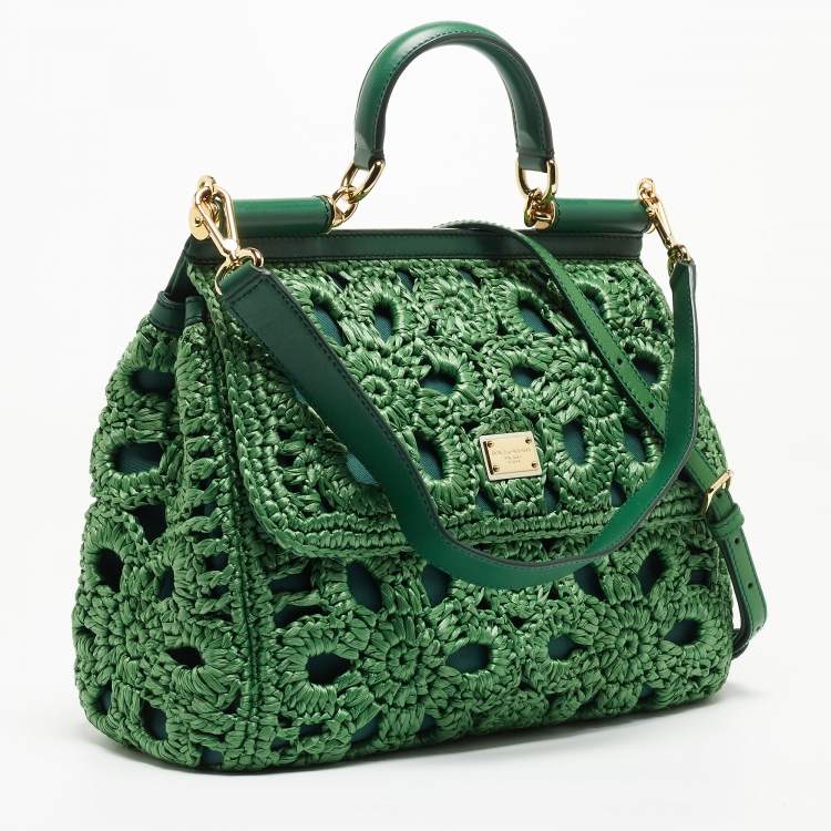 Pre Owned Dolce & Gabbana Green Straw Crochet Large Miss Sicily Top Handle Bag