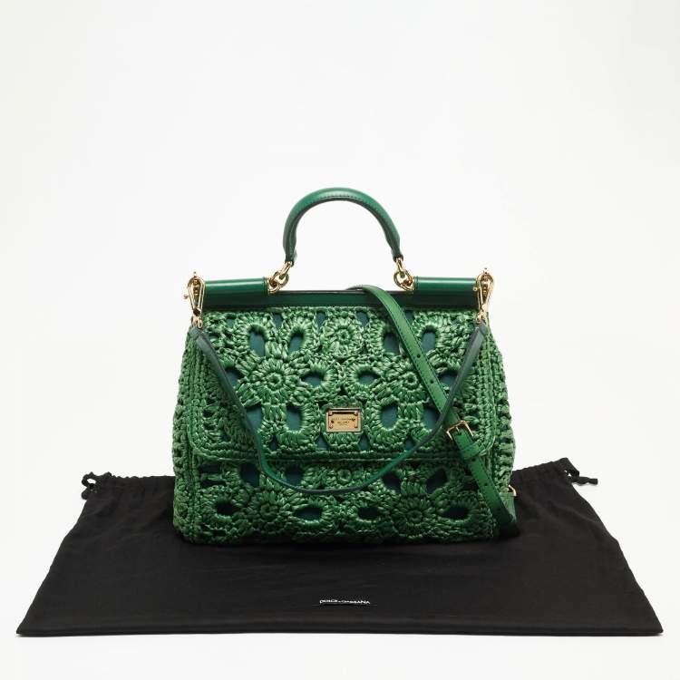 Pre Owned Dolce & Gabbana Green Straw Crochet Large Miss Sicily Top Handle Bag