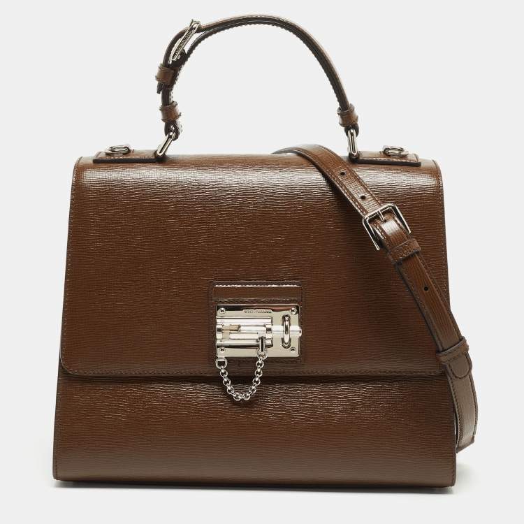 Pre Owned Dolce & Gabbana Brown Leather Large Miss Monica Top Handle Bag
