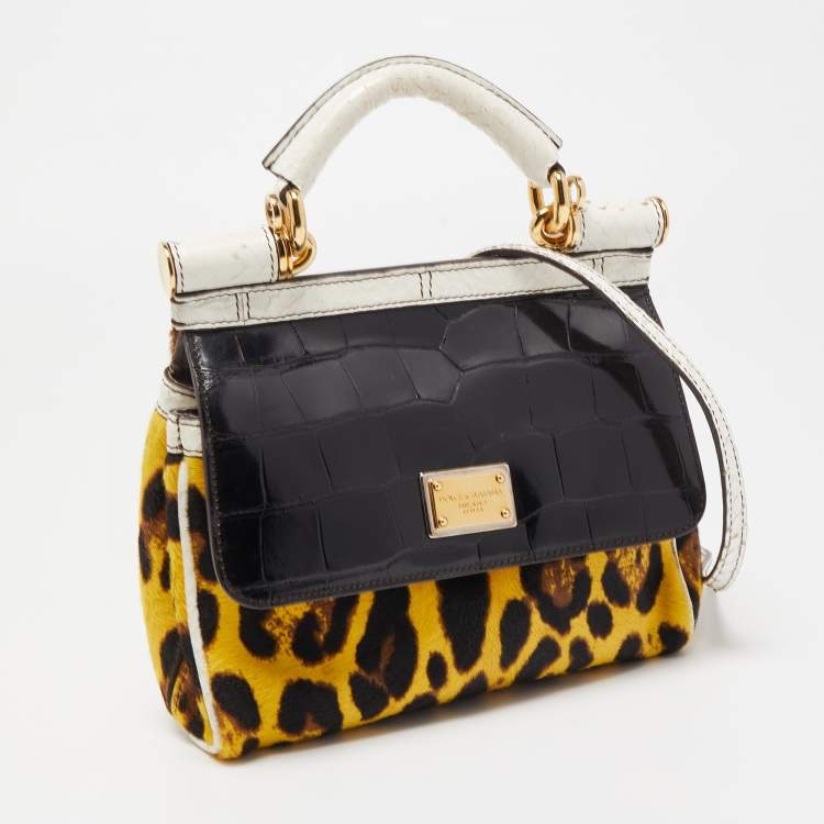 Pre Owned Dolce & Gabbana Multicolor Leopard Calfhair, Croc and Python Limited Edition Small Miss Sicily Top Handle Bag